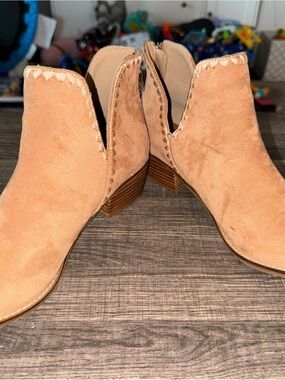 Suede Tan Ankle Booties with Scalloped Trim